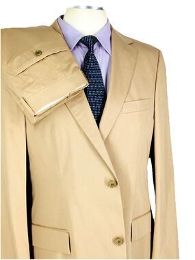 42L Hugo Boss Pasolini Movie USA Mens 2 Button 100% Cotton Suit Tan Pants 36